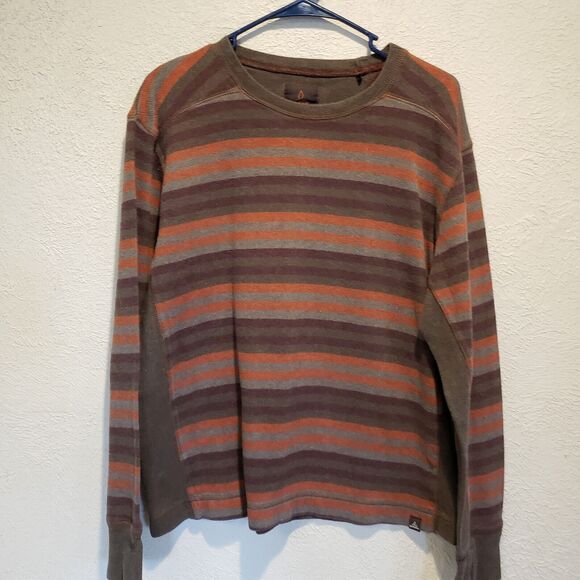 Prana Logo Breathe Cotton Hiking Outdoorsy Pullover Crewneck Brown Striped Med - Picture 1 of 9